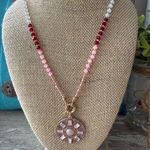 Pink and Red Beaded Necklace with Pendant